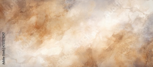 A painting depicting a brown and white cloud against a beige background. The cloud is soft and fluffy, contrasting with the textured wall-like surface.