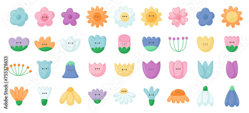 Fototapeta Naklejka Na Ścianę i Meble -  Kawaii buds summer and spring flowers set. Cute character flowers with funny faces. Cartoon vector illustration