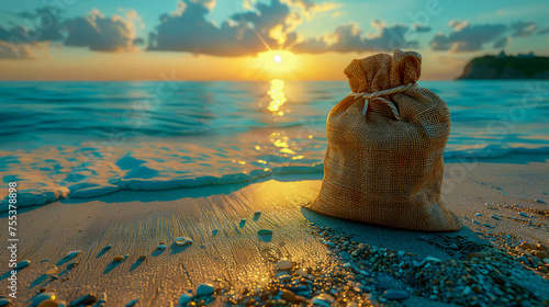 Sack of seashells on the seashore at sunset, beach bag and seashells on the seashore