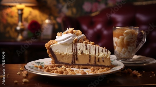 Immerse yourself in a delicious composition highlighting a decadent slice of peanut butter pie adorned with a luxurious whipped cream topping and a satisfying crunch from crushed peanuts.