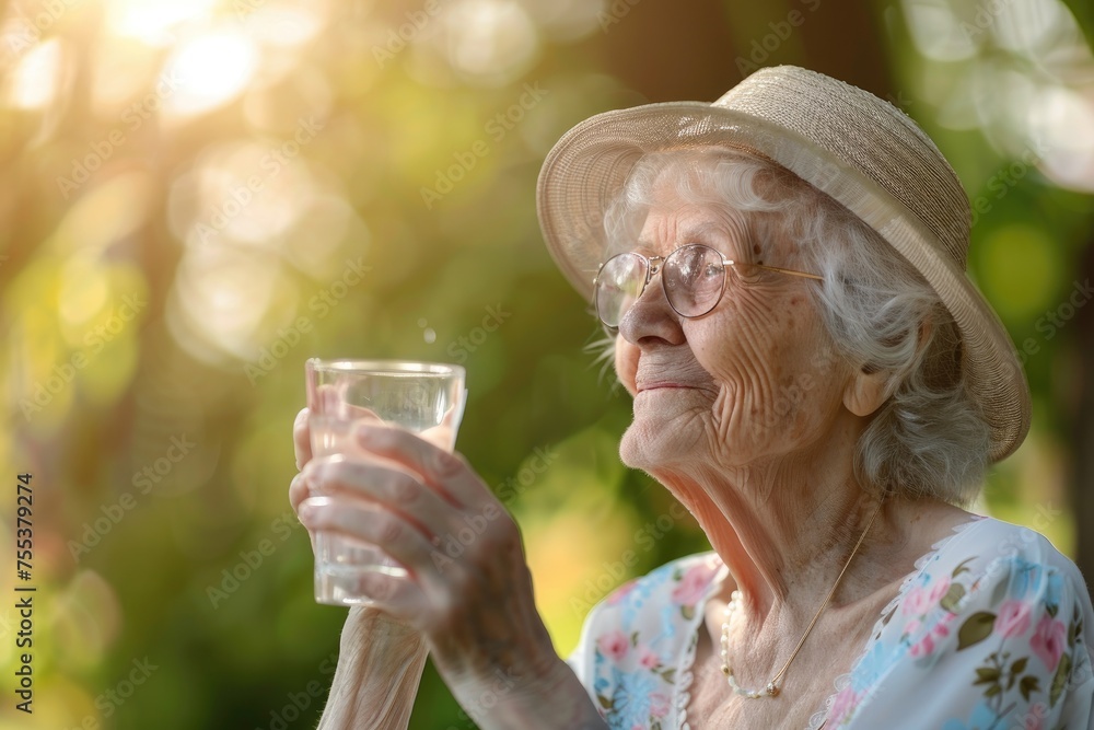 Old elderly woman enjoying a glass of water to hydrate herself with fresh air of a park on summer Old elderly woman enjoying a glass of water to hydrate herself with fresh air of a park on summer