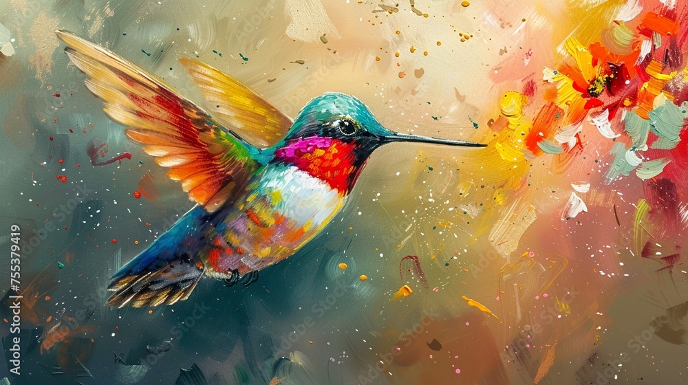 Hummingbird captured in graceful flight wings a blur of vivid colors and luminescence Hummingbird captured in graceful flight wings a blur of vivid colors and luminescence