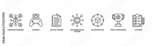 IGO banner web icon illustration concept of initial game offering with icon of crowdfunding, gamefi, white paper, governance token, blockchain, pool rewards and listing