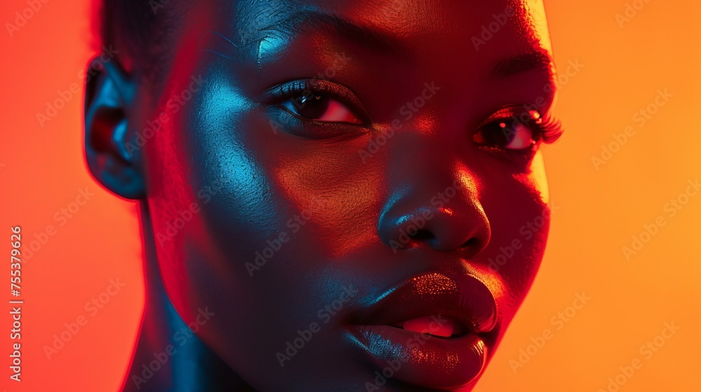 A close-up portrait of a beautiful black woman, featuring minimalism and vibrant colours on a plain background, AI Generative A close-up portrait of a beautiful black woman, featuring minimalism and vibrant colours on a plain background, AI Generative
