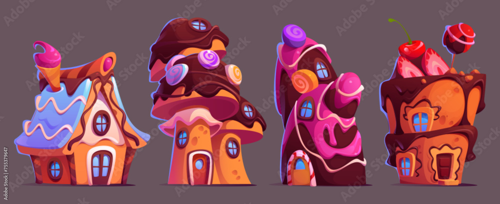 Candy houses set isolated on black background. Vector cartoon illustration of sweet land design elements, gingerbread houses with chocolate roof, lollipop and ice cream decoration, dessert buildings - obrazy, fototapety, plakaty 