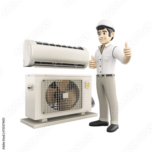 3D PNG technician giving a thumbs up with a well-maintained air conditioner