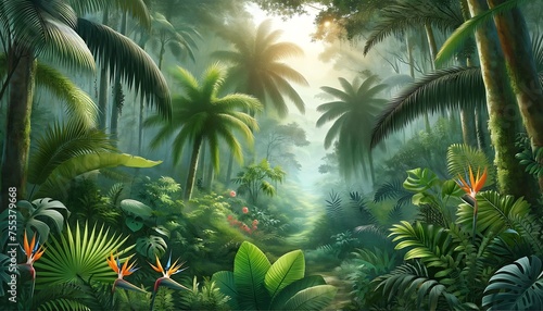 Digital painting depicting a dense tropical jungle scene