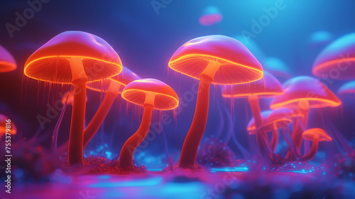 A group of neon mushrooms in a futuristic lab setting, glowing softly Scientific and experimental ambiance, highlighting the fusion of nature and technology, AI Generative © sorapop