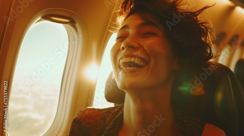 A photo of a joyful woman seated by the window on an airplane. Travel Concept, AI Generative