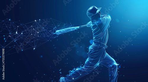 Blue Wireframe Baseball Player Hitting A Home Run with Mesh Background for High Resolution Wallpaper