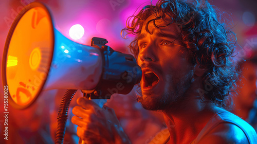 Man Shouting into Megaphone with Vibrant Lighting
