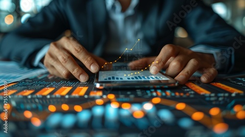 Businessman evaluating financial data on smartphone, growth graphs in hand, abstract, AI Generative