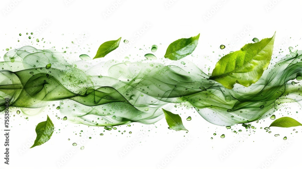 Green herbal tea, dynamic wave splash, leaves flow in the liquid dance, freshness captured in motion, vibrant life essence,AI Generative Green herbal tea, dynamic wave splash, leaves flow in the liquid dance, freshness captured in motion, vibrant life essence,AI Generative