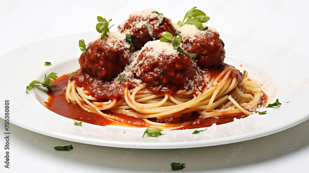 Spaghetti and Meatballs with white background. generative ai