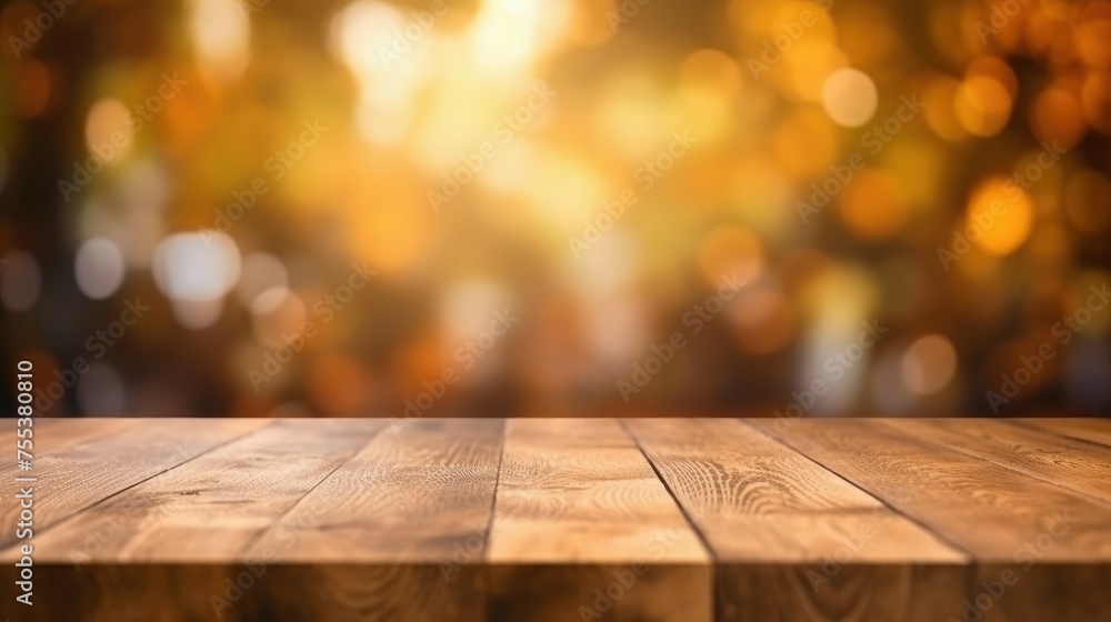 Wood table top on blurred nature background with bokeh light