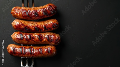 Polish sausages smoked dry and conveyed over a metal fork over a dark setting and space, Generative AI.