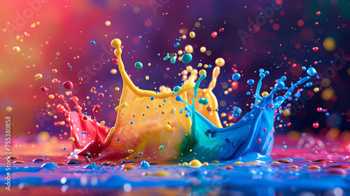 Hyper-realistic 8K desktop wallpaper featuring a vibrant paint splash The first theme captures a rainbow of colors exploding in mid-air, the second focuses on a close-up, AI Generative