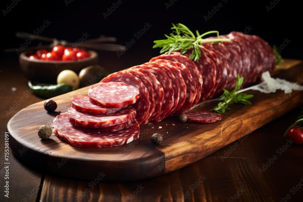 sliced salami on a rustic wooden board on the table