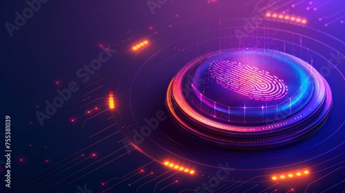 Security system concept with a clear fingerprint set against a vibrant cyber technology neon backdrop, illustrating the safeguarding of personal data, AI Generative