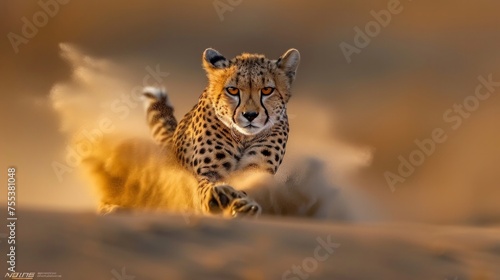 sleek cheetah, graceful stride across sand dunes, early morning, vast desert, dynamic, minimalist, golden sunlight, AI Generative photo