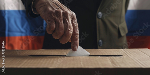 Senior man in military suit putting their vote in the ballot box with Russian flag on background. President governmental election giving your voice voting concept