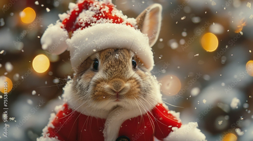 tiny bunny, Santa outfit, snowy Christmas scene, festive tree backdrop, AI Generative