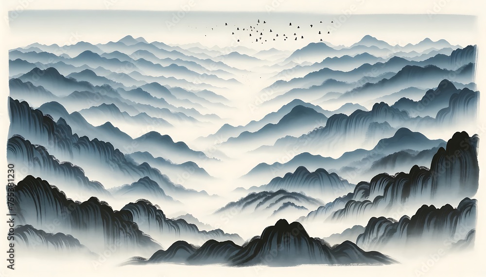 A wide panoramic image in the style of a traditional Chinese ink wash painting A wide panoramic image in the style of a traditional Chinese ink wash painting