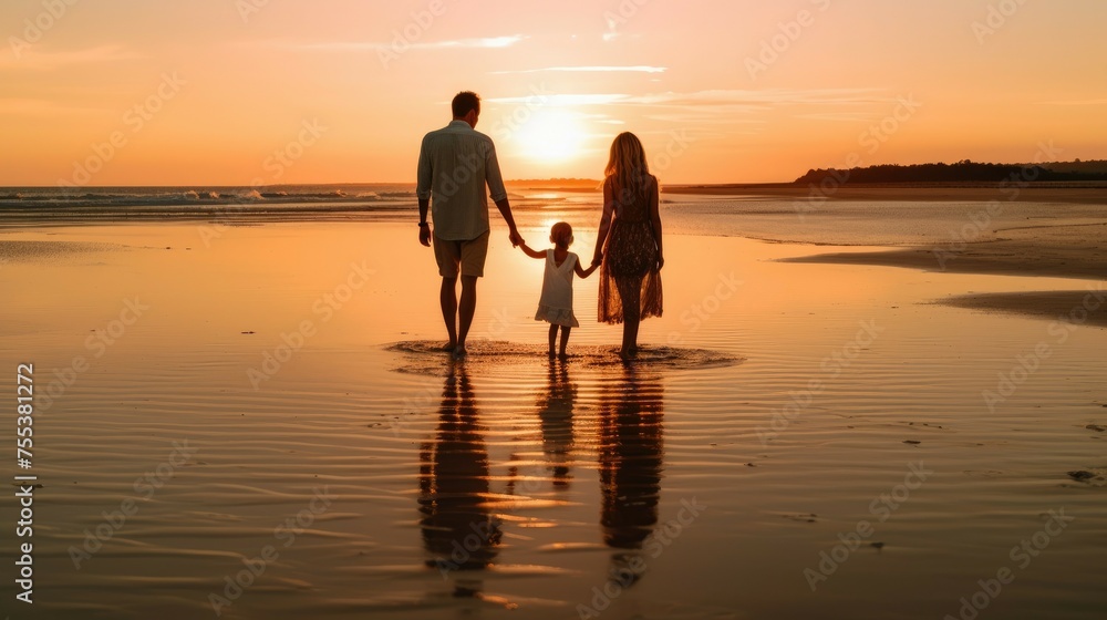 A happy family with children on the beach strolling along the beach at sunset. The concept of family holidays