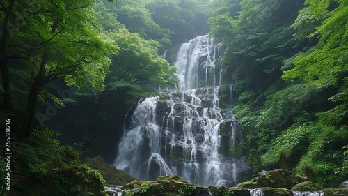 Waterfalls and greenery combine in a serene landscape  captured through AI Generative.