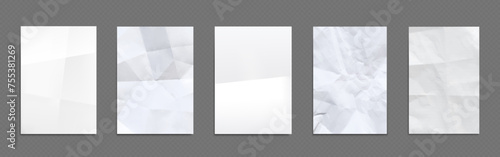 Crumpled and wrinkled white paper mockup. Realistic vector illustration set of creased blank a4 vertical sheet. Empty rough folded cardboard banner template with rumpled surface. Puckered page.