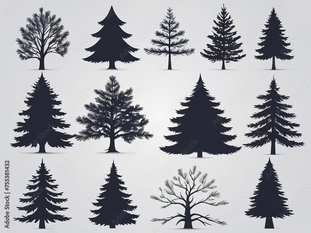 Set of silhouettes of coniferous trees. Vector illustration.