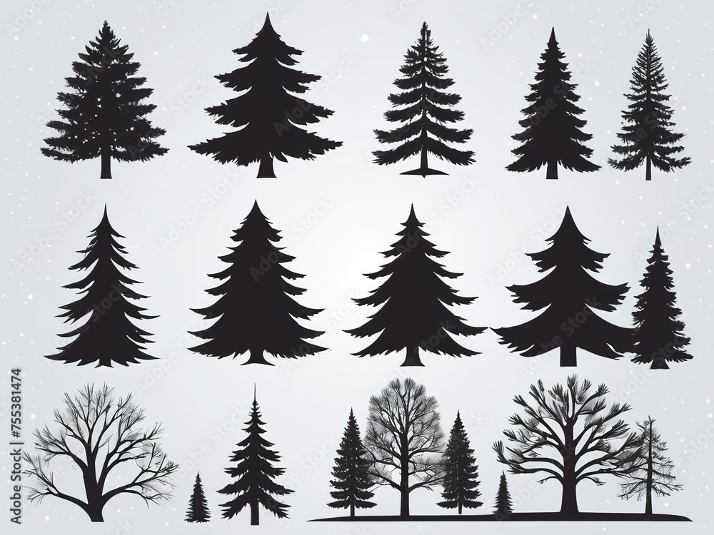 Set of silhouettes of fir trees in winter. Vector illustration. Set of silhouettes of fir trees in winter. Vector illustration.
