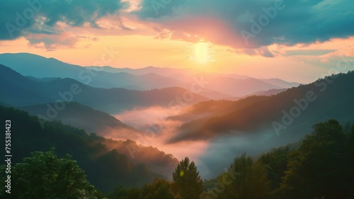 magical early morning sunrise on top of the smoky mountains, AI Generative