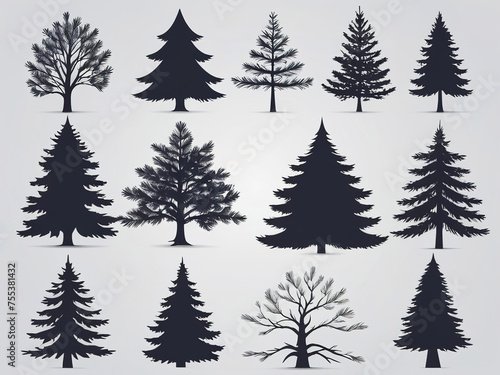 Set of silhouettes of coniferous trees. Vector illustration. photo