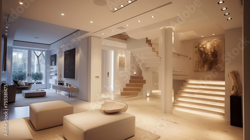 Elegant modern townhouse interior with a luxurious white staircase, exuding sophistication, AI Generative. © Alisa