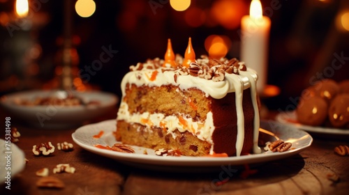 Immerse yourself in the tempting sight of a slice of carrot cake, crowned with decadent cream cheese frosting and nuts, set on a festive table with a cup and a flickering candle.