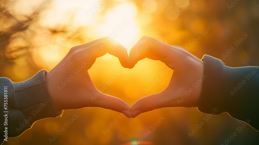 Fototapeta premium Two hands create a loving heart silhouette against the golden light of a setting sun AI Generative.