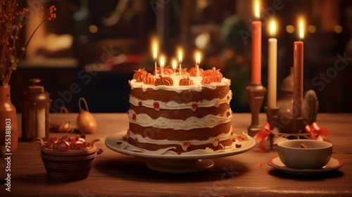 Immerse yourself in the tempting sight of a slice of carrot cake  crowned with decadent cream cheese frosting and nuts  set on a festive table with a cup and a warmly glowing candle.