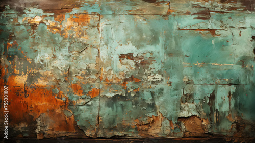 Green rusty texture on a metal wall. Shabby background with places for copying. Generative AI