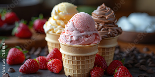Strawberry Ice Cream and vanilla, chocolate ice cream cone flavor