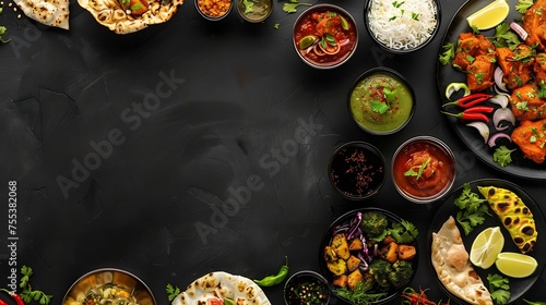 Generative AI : Assorted indian food on black background.. Indian cuisine. Top view with copy space
