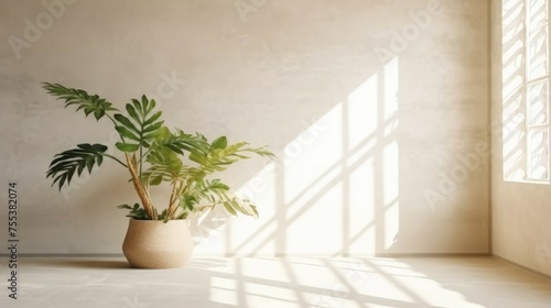 A tropical potted plant on the floor of a room, with sunlight