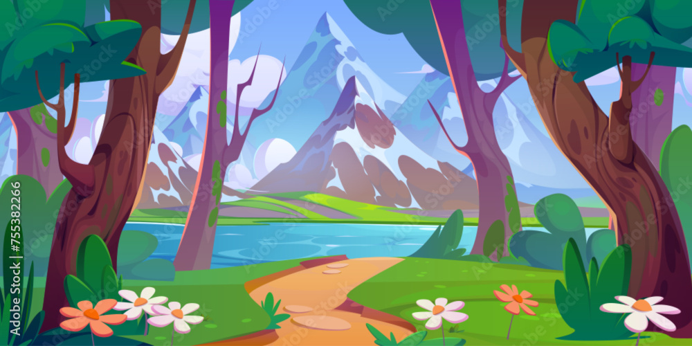 Cartoon summer landscape with forest, lake and mountains. Path leading to water pond or river in woodland with green trees and bushes, grass and daisy flowers near foot of rocky hills with snow. - obrazy, fototapety, plakaty 