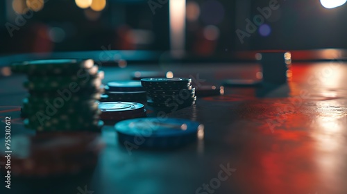 Generative AI : Poker Chips on a gaming table with dramatic lighting