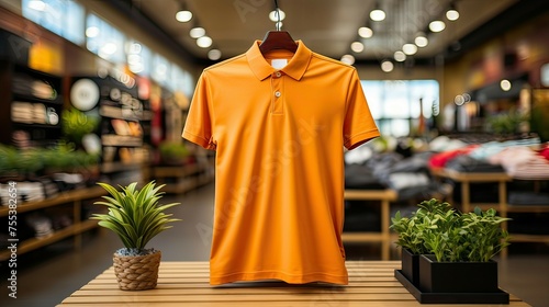 An orange empty T-shirt on a hanger in the store.