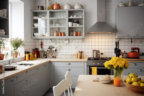 An airy kitchen with a monochromatic color scheme of grays and whites  highlighted by bold  colorful utensils and storage containers.
