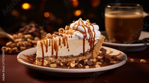 Immerse yourself in the visual feast of a slice of peanut butter pie  adorned with a heavenly whipped cream topping and garnished with crushed peanuts.
