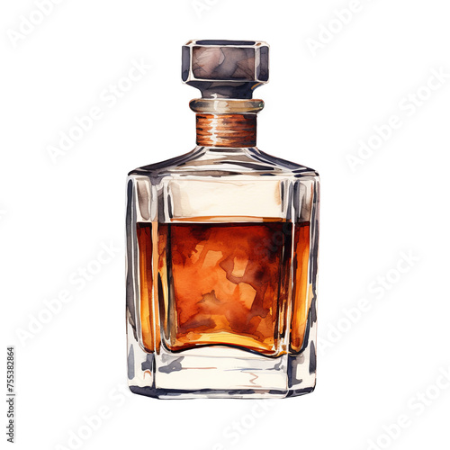 Whiskey decanter bottle watercolor clipart illustration on transparent background