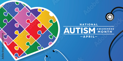National Autism Awareness Month. Heart, stestoscope and puzzle. Great for cards, banners, posters, social media and more. Blue Background.