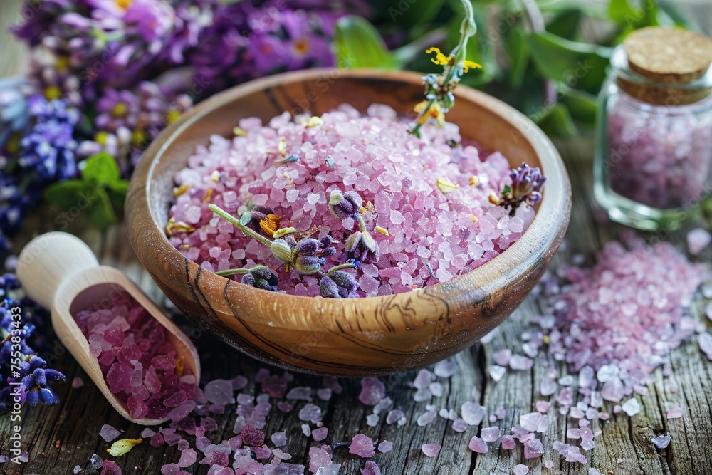 Herbal aromatic, relaxing and essential salts in bowl on a wooden table. Herbal aromatic, relaxing and essential salts in bowl on a wooden table.